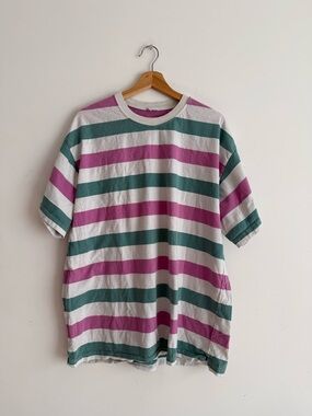 Striped Crewneck T-Shirt in White, Teal & Magenta